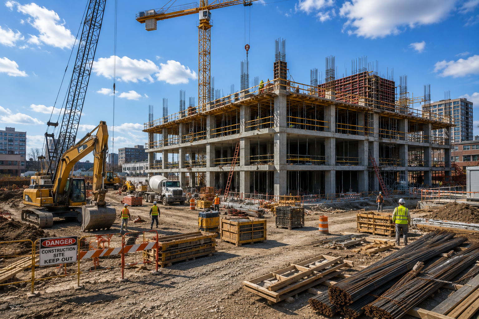 Active multi-story development construction site with cranes against clear sky